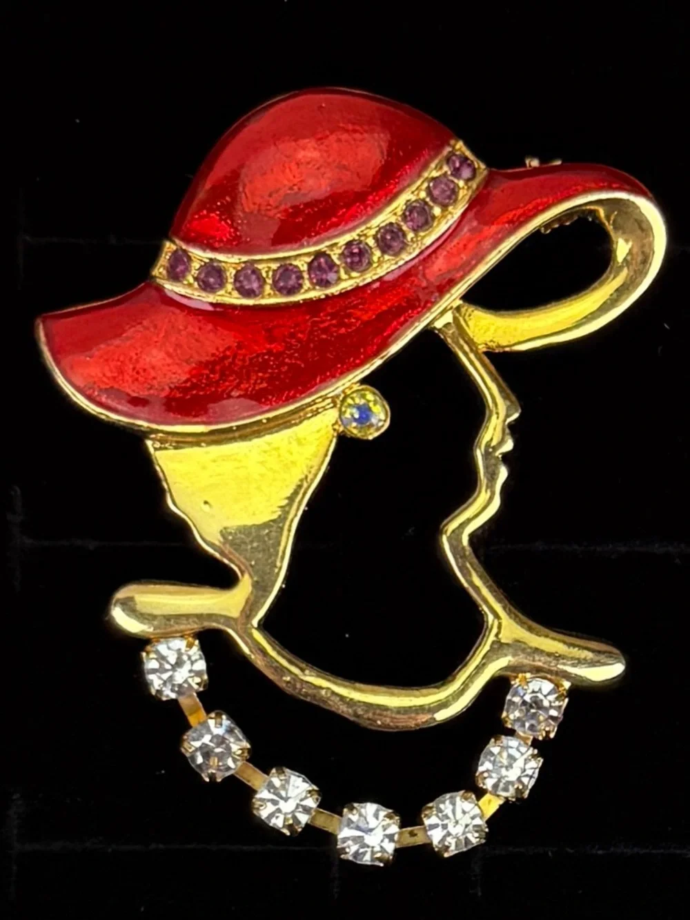Vintage Lady Profile Red Hat Brooch Gold Tone Clear Purple Accent Statement Pin